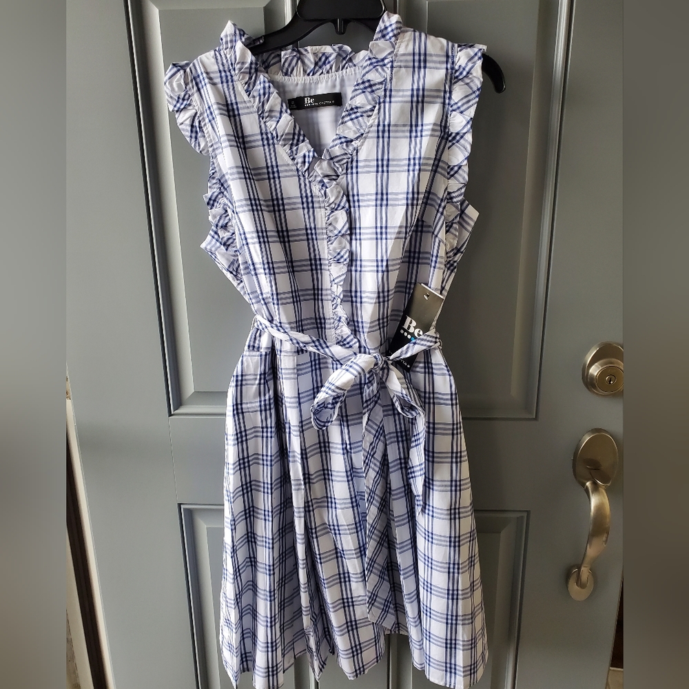 Sleeveless blue and white A-line dress